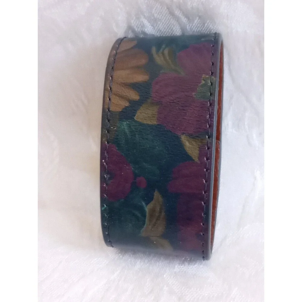 Patricia Nash Dark Magenta Forest Botanical Flowers Leather Strap Bracelet 8in